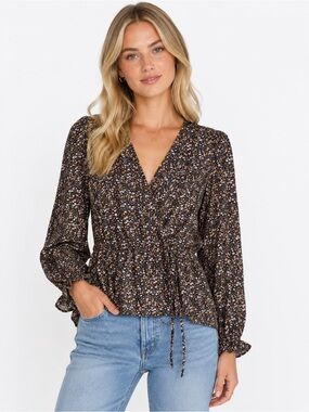Wishlist apparel Floral V-Neck Peplum Tie-Waist Blouse - Black Floral Medium